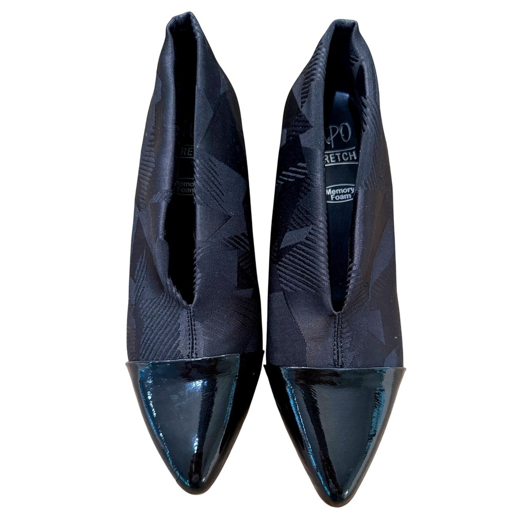 Impo 7.5 M Stretch Black Geometric Jacquard Patent Pointed Toe Block Heel Pumps